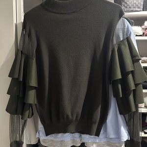 Elegant Olive Green Ruffle Sleeve Sweater